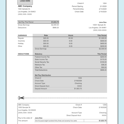 Earnings statement with a logo space and a detachable check-style section: net pay this period, earnings, statutory deductions and net pay distribution.