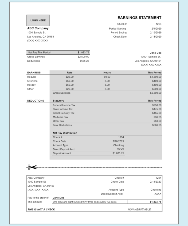 Earnings statement with a logo space and a detachable check-style section: net pay this period, earnings, statutory deductions and net pay distribution.