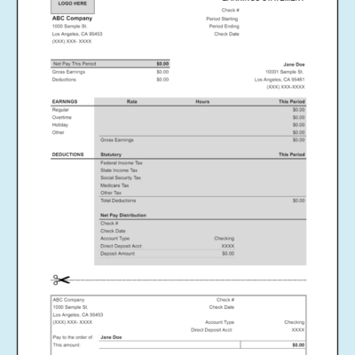 A blank earnings statement template with a logo space and a detachable check-style section.
