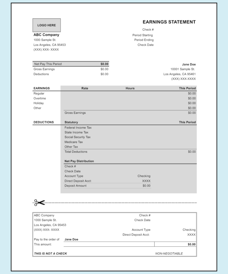 A blank earnings statement template with a logo space and a detachable check-style section.