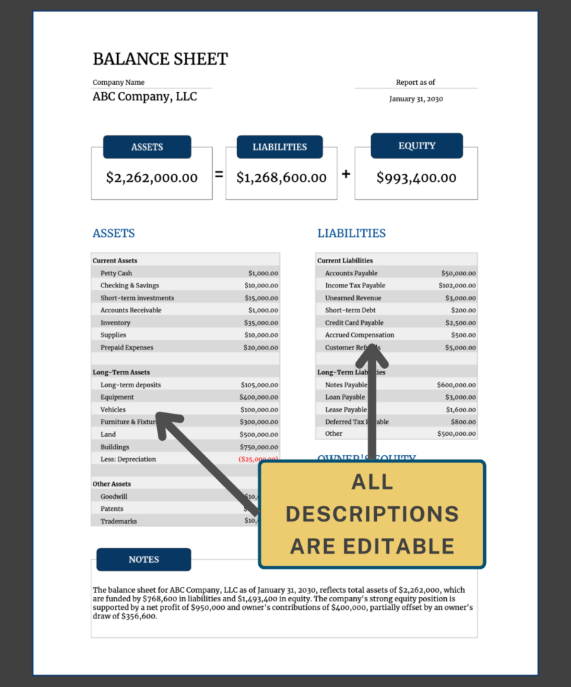 2 Balance sheet with a note that all descriptions can be edited.