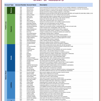 Chart of accounts: account types, numbers, names and descriptions for revenue, expenses, assets, liabilities and equity.