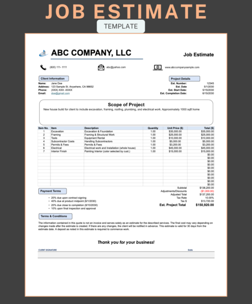 Job estimate template for a new house build: client information, project details, scope of project, line items, adjustments, tax, estimated project total, payment terms in four stages, terms and conditions and a signature line.