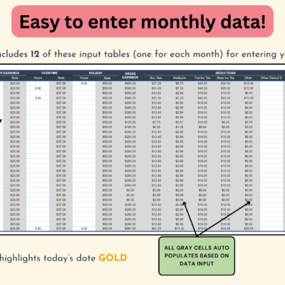 12 monthly input tables, one for each month: enter data in the white cells, the gray cells fill in, and today's date is highlighted gold.