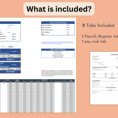 What's included, 2 tabs: a payroll register tab to enter employee data, and a pay stub tab.