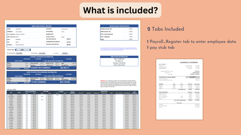 What's included, 2 tabs: a payroll register tab to enter employee data, and a pay stub tab.
