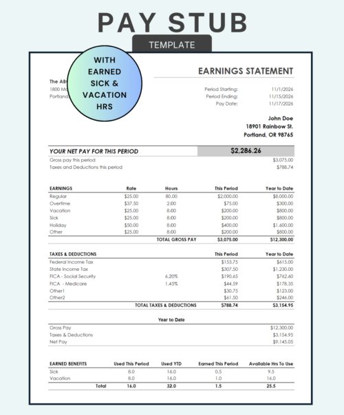 Pay stub template with earned sick and vacation hours: net pay for the period, earnings by type including vacation and sick, taxes and deductions, year-to-date totals, and sick and vacation hours used, earned and available.
