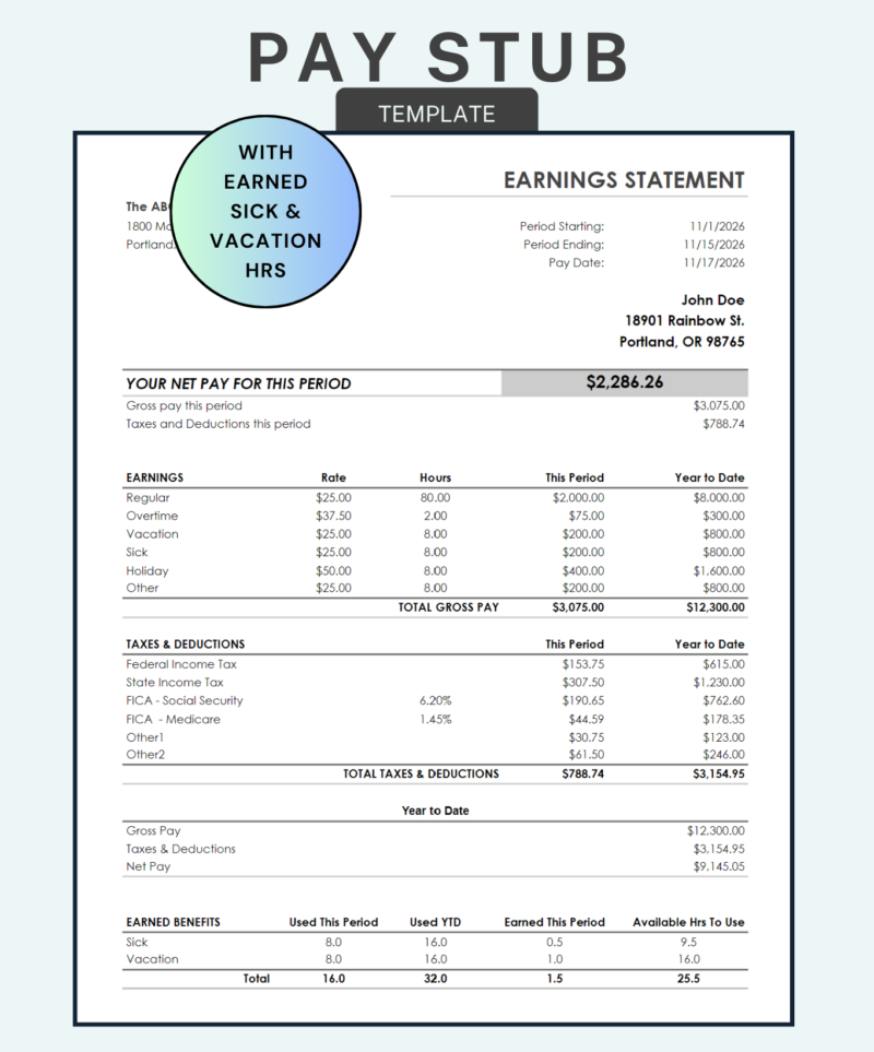 Pay stub template with earned sick and vacation hours: net pay for the period, earnings by type including vacation and sick, taxes and deductions, year-to-date totals, and sick and vacation hours used, earned and available.
