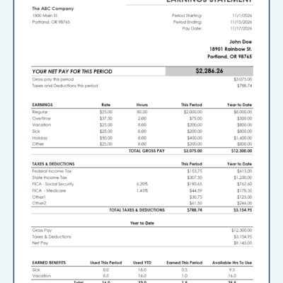 Earnings statement: net pay this period, earnings including vacation and sick, taxes and deductions, year-to-date totals, and earned sick and vacation hours.