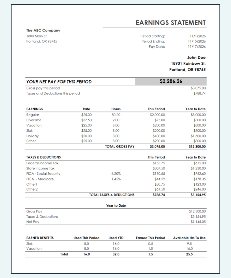 Earnings statement: net pay this period, earnings including vacation and sick, taxes and deductions, year-to-date totals, and earned sick and vacation hours.