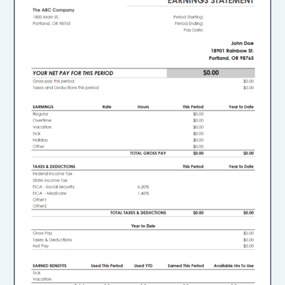 A blank earnings statement template with earned benefits.