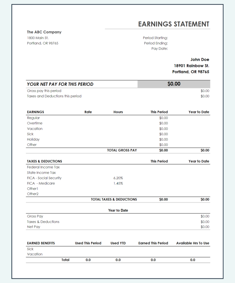 A blank earnings statement template with earned benefits.