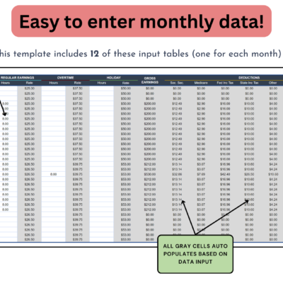 249 12 monthly input tables, one for each month: enter data in the white cells and the gray cells fill in.