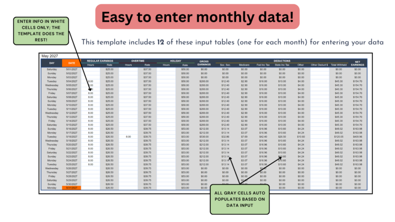 249 12 monthly input tables, one for each month: enter data in the white cells and the gray cells fill in.