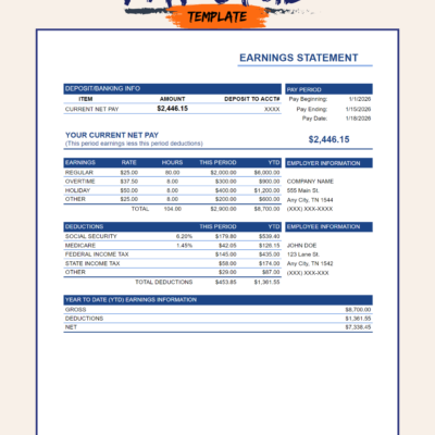279 Pay stub template showing an earnings statement: current net pay and deposit information, pay period, earnings by type, deductions, employer and employee information, and year-to-date earnings.