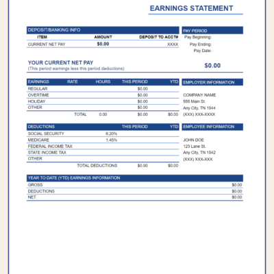 281 A blank earnings statement template with deposit information.