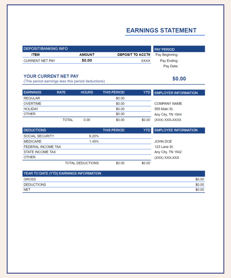 281 A blank earnings statement template with deposit information.