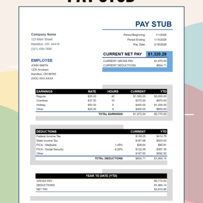 282 Pay stub with a colorful background: current net pay, gross pay and deductions, earnings by type with rate and hours, deductions, and year-to-date gross, deductions and net pay.
