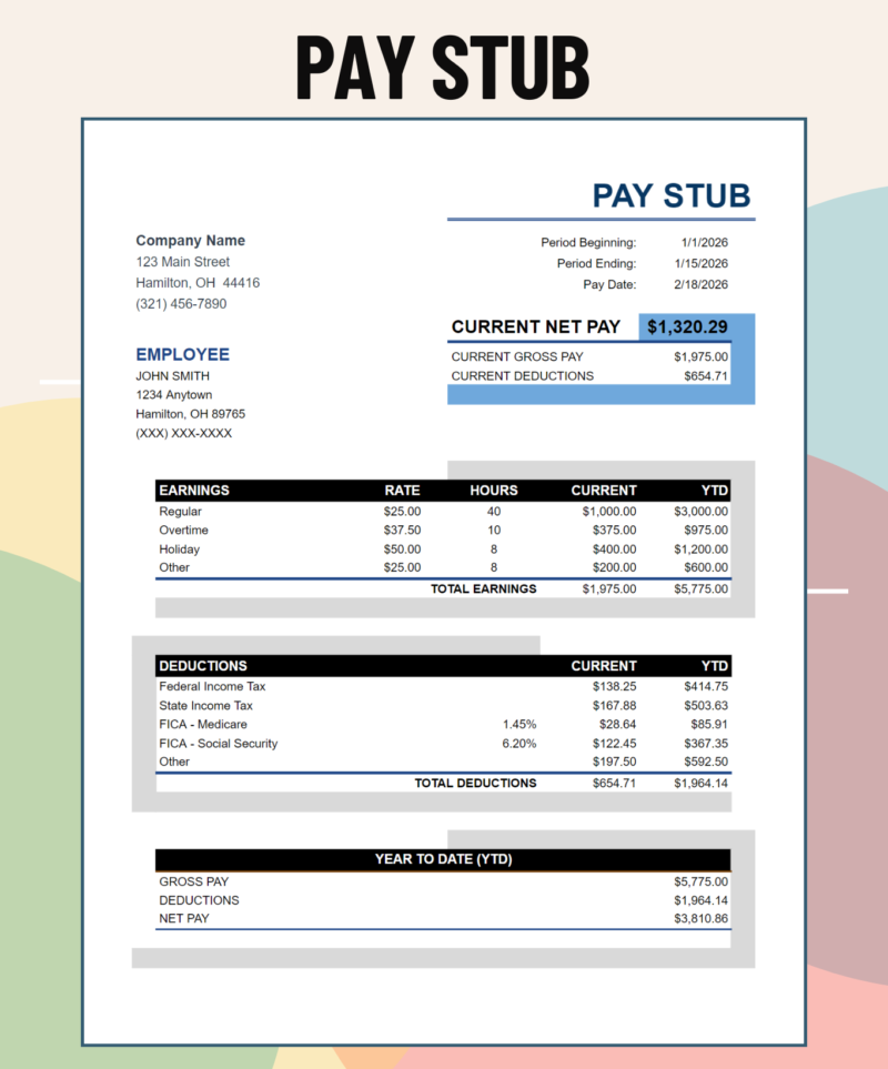 282 Pay stub with a colorful background: current net pay, gross pay and deductions, earnings by type with rate and hours, deductions, and year-to-date gross, deductions and net pay.