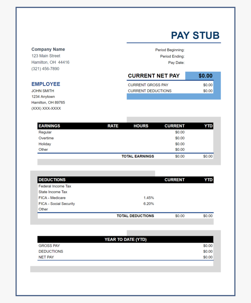 284 A blank pay stub template.