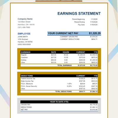 286 Pay stub template showing an earnings statement: current net pay, gross pay and deductions, earnings by type with rate and hours, deductions, and year-to-date totals.