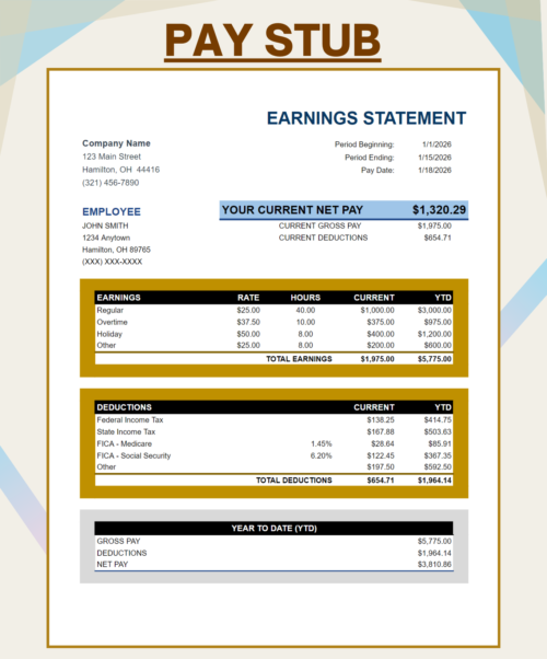 Pay stub template showing an earnings statement: current net pay, gross pay and deductions, earnings by type with rate and hours, deductions, and year-to-date totals.