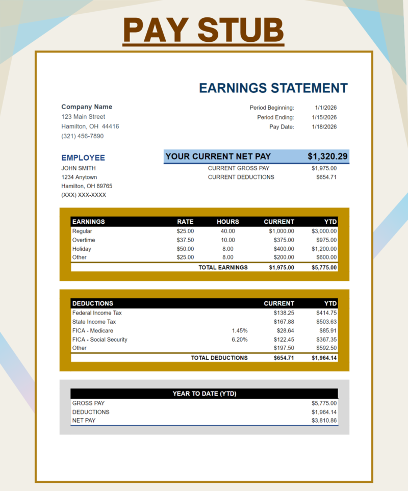 286 Pay stub template showing an earnings statement: current net pay, gross pay and deductions, earnings by type with rate and hours, deductions, and year-to-date totals.