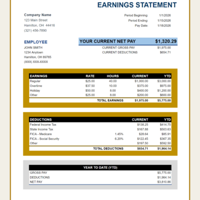 287 Earnings statement with a gold border: current net pay, earnings, deductions and year-to-date gross pay, deductions and net pay.