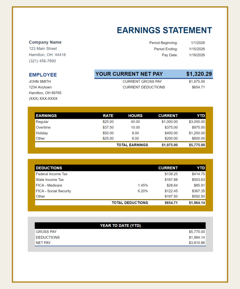 287 Earnings statement with a gold border: current net pay, earnings, deductions and year-to-date gross pay, deductions and net pay.