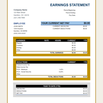 288 A blank earnings statement template with a gold border.