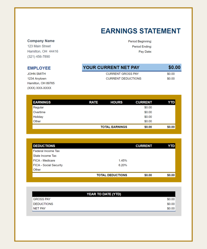288 A blank earnings statement template with a gold border.