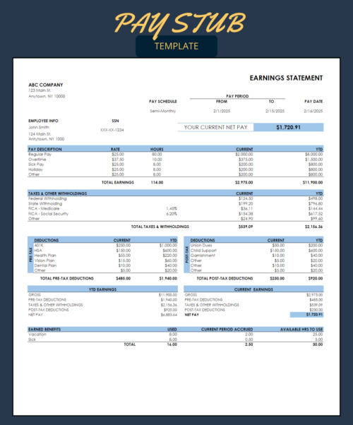 Pay stub template with a pay schedule, pre-tax and post-tax deductions: earnings by type, taxes and withholdings, year-to-date and current earnings, net pay, and earned vacation and sick hours.