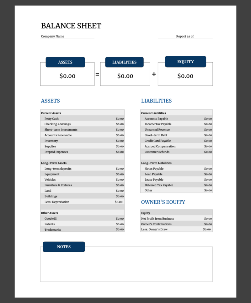 3 A blank balance sheet template.