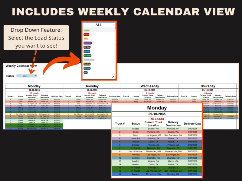 Weekly calendar view: pick a load status to see trucks with that status for each day of the week.