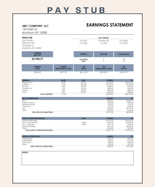 Pay stub showing an earnings statement with pre-tax and after-tax deductions: current net pay, vacation and sick hours, current and year-to-date gross, deductions and net pay, earnings by type, and a memo.