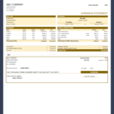 Earnings statement in gold with a detachable check-style section: employee and pay period, earnings, taxes and deductions with current and year-to-date amounts, and current net pay.