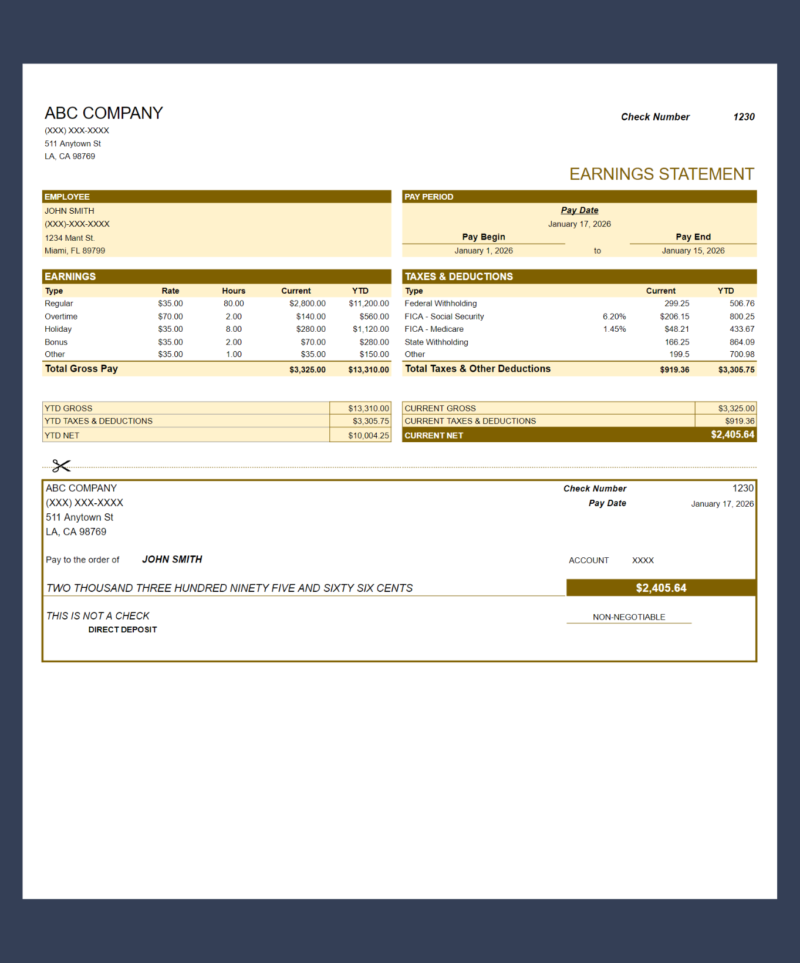 Earnings statement in gold with a detachable check-style section: employee and pay period, earnings, taxes and deductions with current and year-to-date amounts, and current net pay.