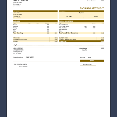 A blank gold earnings statement template with a detachable check-style section.