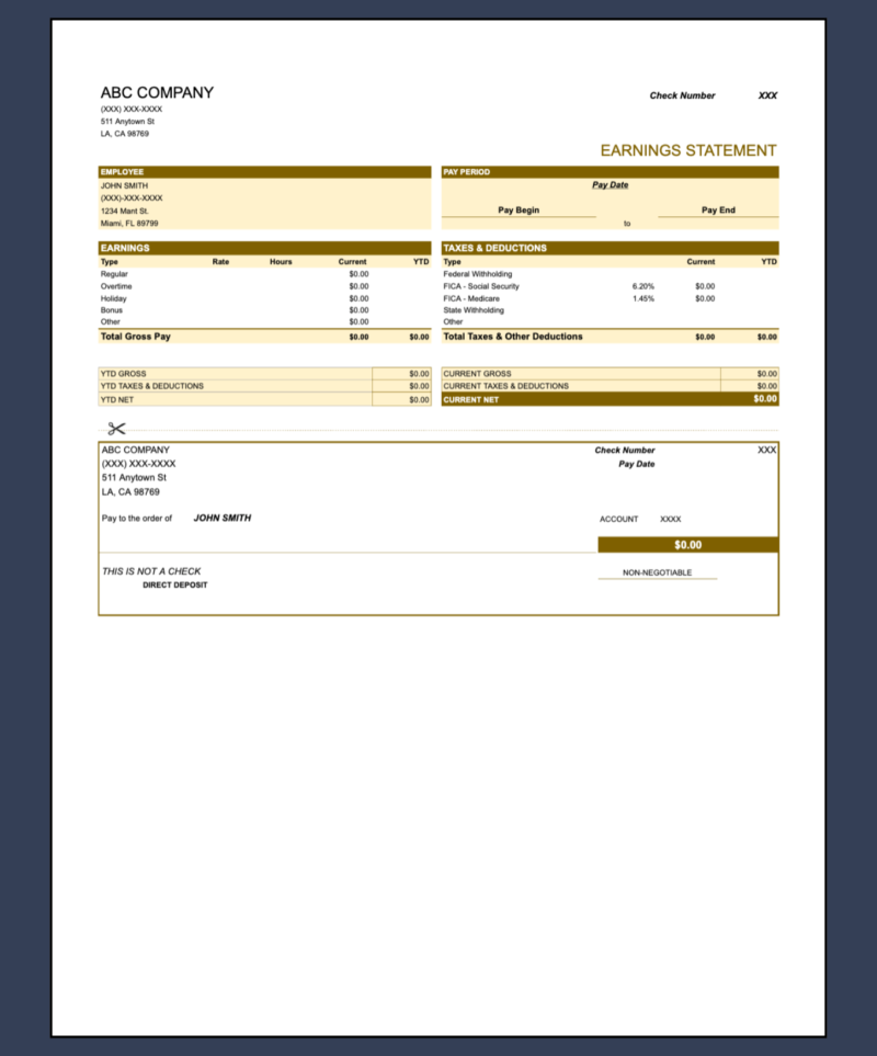A blank gold earnings statement template with a detachable check-style section.
