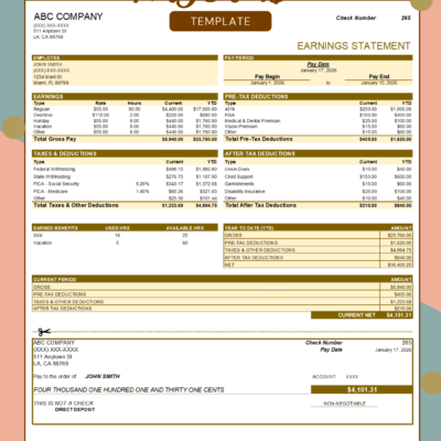 357 Pay stub template with pre-tax and after-tax deductions: earnings by type, taxes, pre-tax deductions such as 401k and HSA, after-tax deductions, earned sick and vacation hours, year-to-date totals and current net pay.