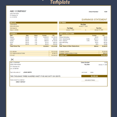 Pay stub template showing an earnings statement: earnings by type with rate and hours, taxes and deductions, current and year-to-date gross and net pay, and a detachable pay section.
