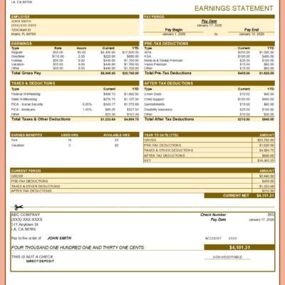 358 Earnings statement in gold with pre-tax and after-tax deductions: earnings, taxes, earned sick and vacation hours, year-to-date and current period totals, current net pay and a detachable section.