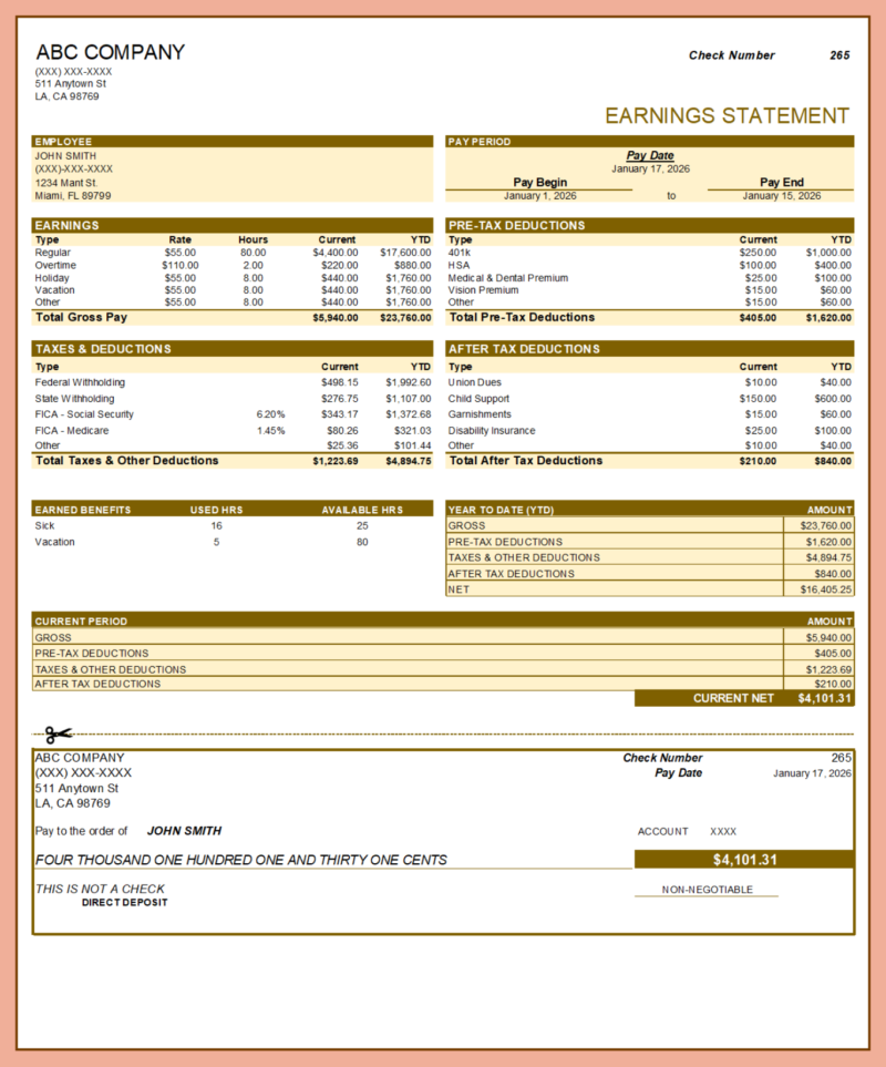 358 Earnings statement in gold with pre-tax and after-tax deductions: earnings, taxes, earned sick and vacation hours, year-to-date and current period totals, current net pay and a detachable section.