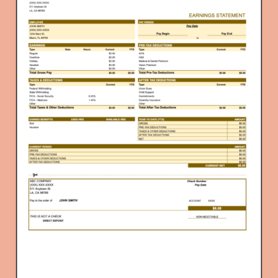 359 A blank gold earnings statement template with pre-tax and after-tax deductions and earned benefits.