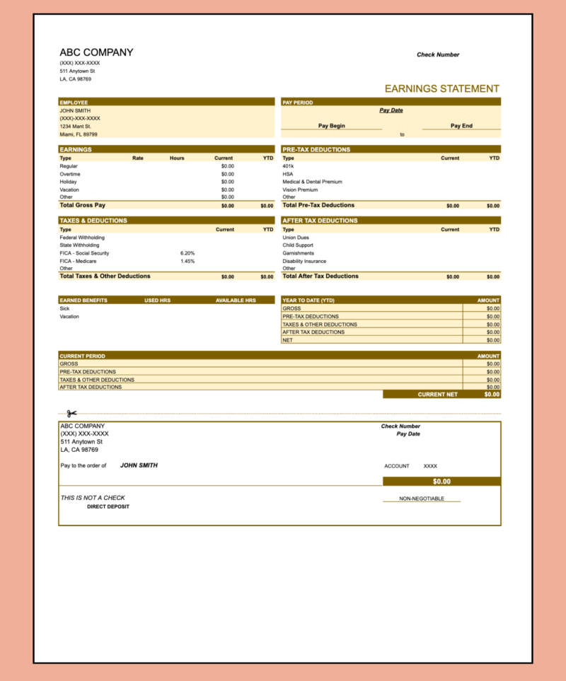 359 A blank gold earnings statement template with pre-tax and after-tax deductions and earned benefits.