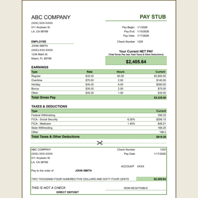 437 Pay stub template showing net pay for the period: earnings by type with rate and hours, taxes and deductions, total gross pay, and a detachable direct deposit section.