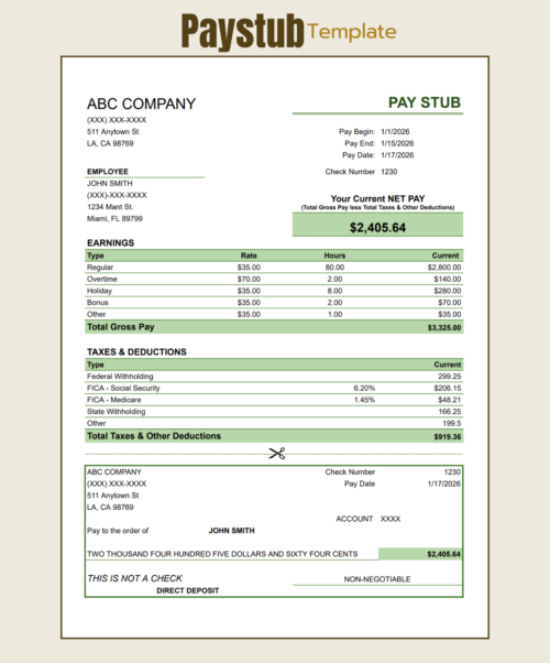 Pay stub template showing net pay for the period: earnings by type with rate and hours, taxes and deductions, total gross pay, and a detachable direct deposit section.