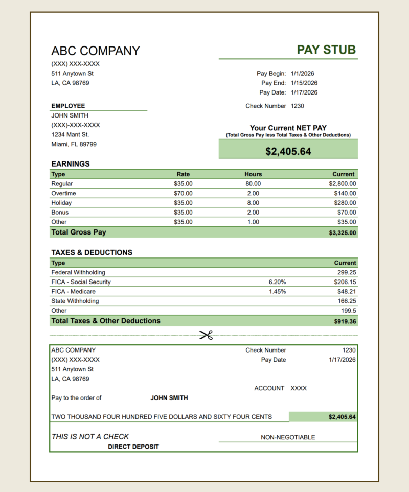 438 Pay stub in green: current net pay, earnings by type, taxes and deductions, and a detachable check-style section.