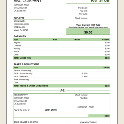 439 A blank green pay stub template with a detachable check-style section.