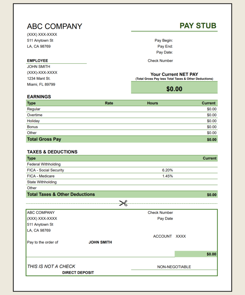439 A blank green pay stub template with a detachable check-style section.